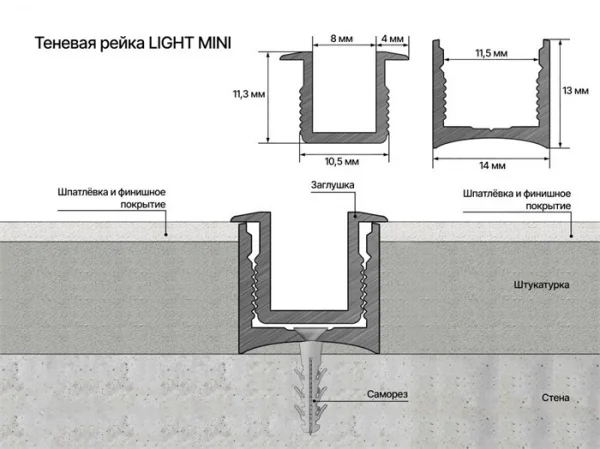 Теневая рейка LACONISTIQ LIGHT mini, под подсветку для обоев, панелей, керамог., Светлое-золото анод., размер (14*13*3000мм).вставка FLEX в комплекте