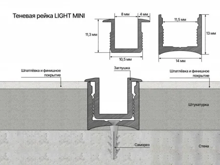 Теневая рейка LACONISTIQ LIGHT mini, под подсветку для обоев, панелей, керамог., Черная анодированная, размер (14*13*3000мм).вставка FLEX в комплекте